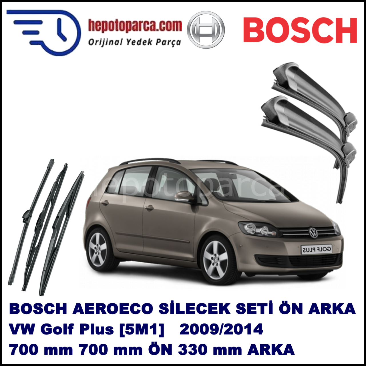VW Golf Plus [521] 01,2009-,,, Bosch Aeroeco Ön ve Arka Silecek Takımı
