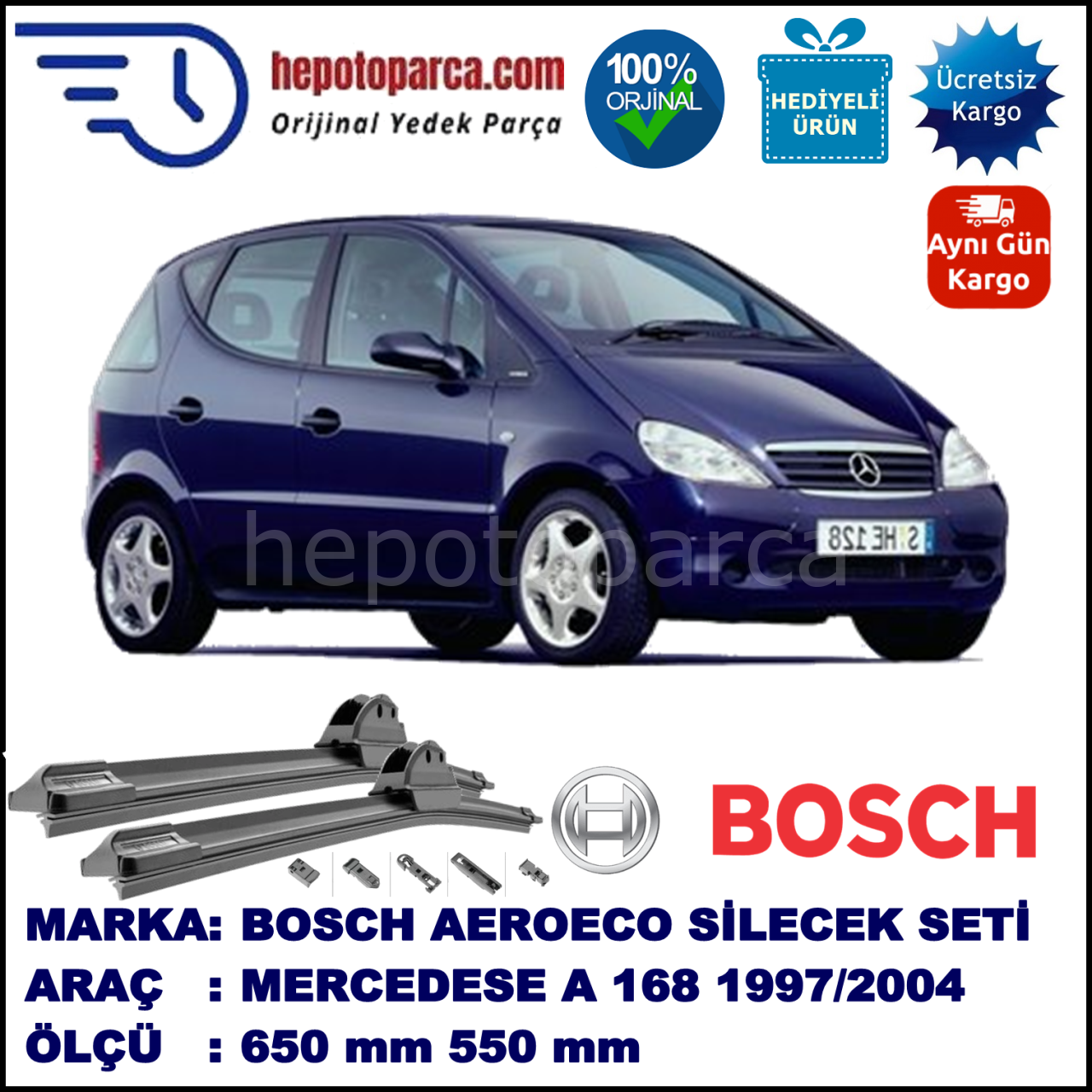 MERCEDES-BENZ Serie A [168] 10.1997-08.2004, 650 / 550 mm. BOSCH AEROECO Aparatlı Muz Silecek