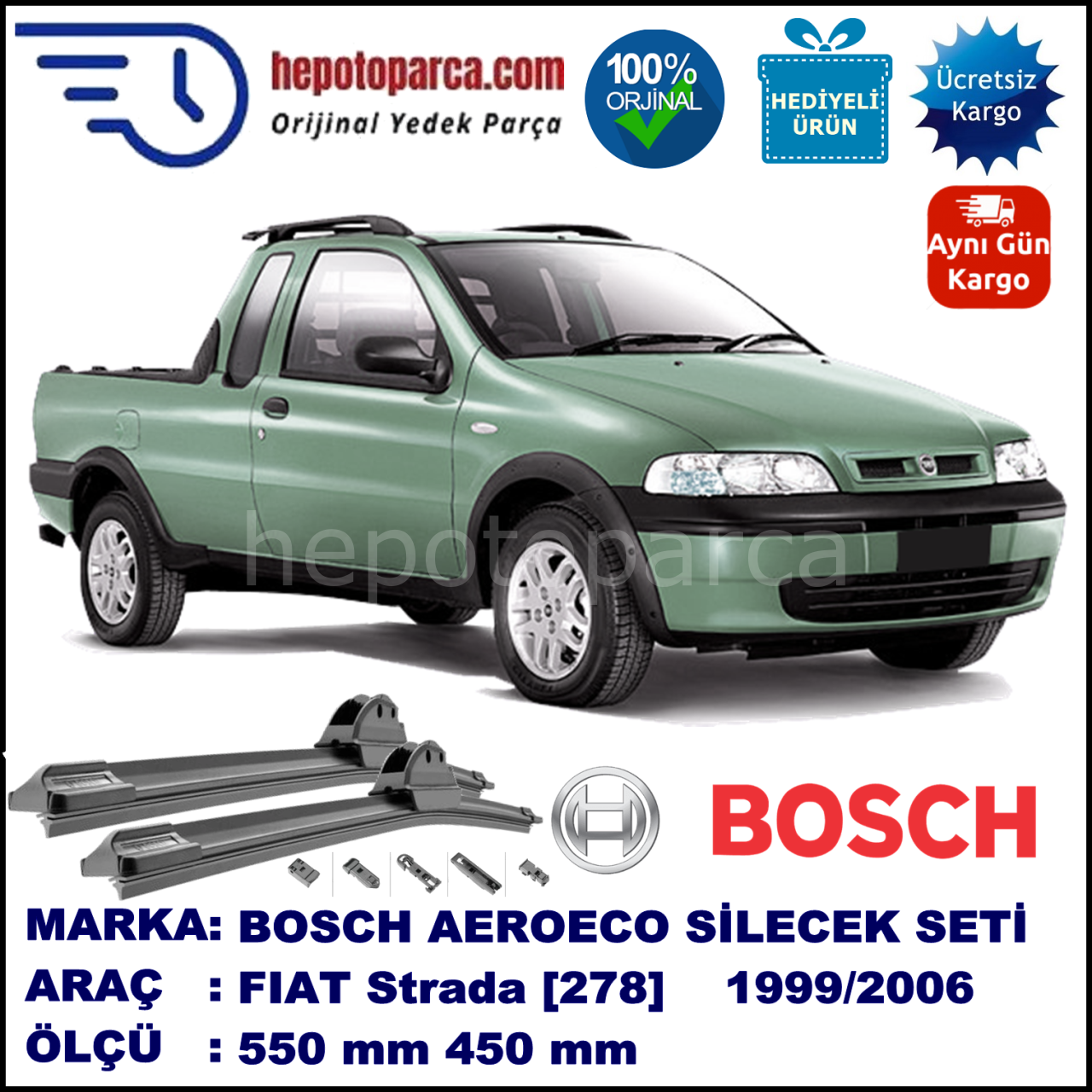 FIAT Strada [278] 03.1999-..., 550 / 450 mm. BOSCH AEROECO Aparatlı Muz Silecek