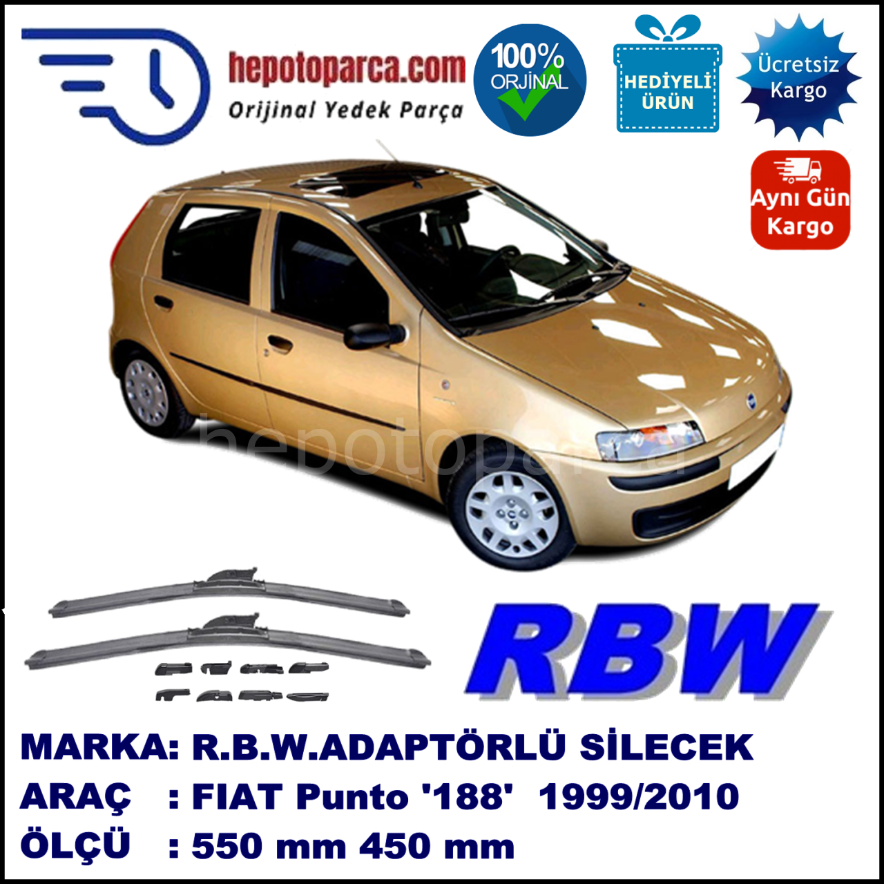 FIAT Punto [188..] 07.1999-12.2010, 550 / 450 mm.  RBW  ADAPTÖRLÜ MUZ SİLECEK SETİ