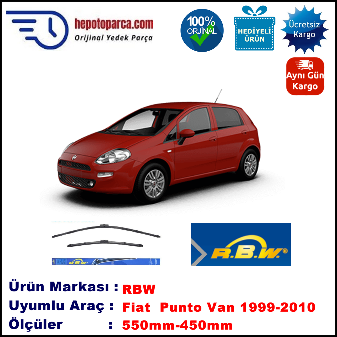 FIAT Punto VAN [288..] 05.1999-12.2010, 550 / 450 mm.  RBW  ADAPTÖRLÜ MUZ SİLECEK SETİ
