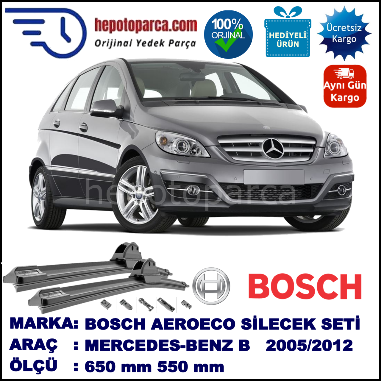 MERCEDES-BENZ Serie B [245] 04.2005-05.2012, 650 / 550 mm. BOSCH AEROECO Aparatlı Muz Silecek
