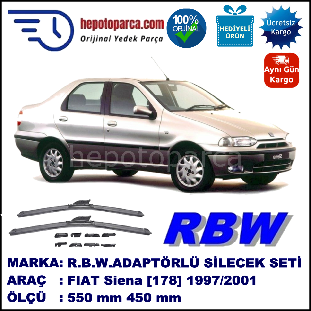 FIAT Siena [178..] 04.1997-12.2001, 550 / 450 mm.  RBW  ADAPTÖRLÜ MUZ SİLECEK SETİ
