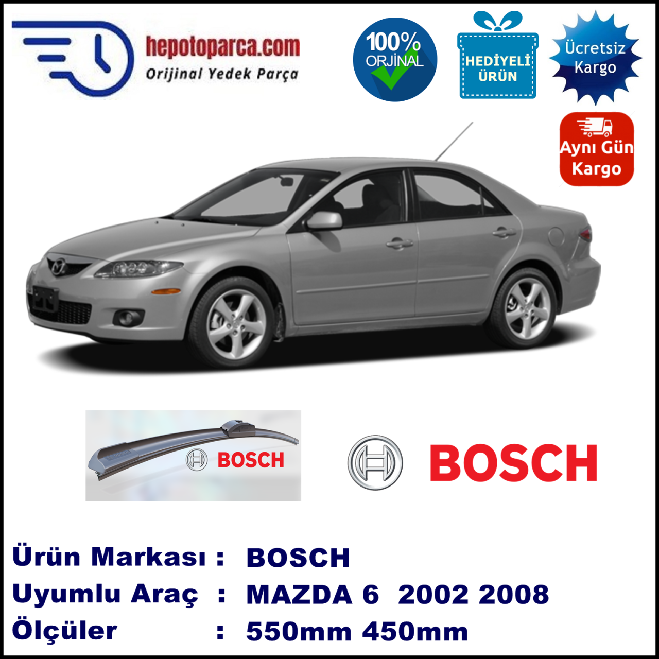 MAZDA 6 Sedan [GG/GY] 02.2002-08.2007, 550 / 450 mm. BOSCH AEROECO Aparatlı Muz Silecek