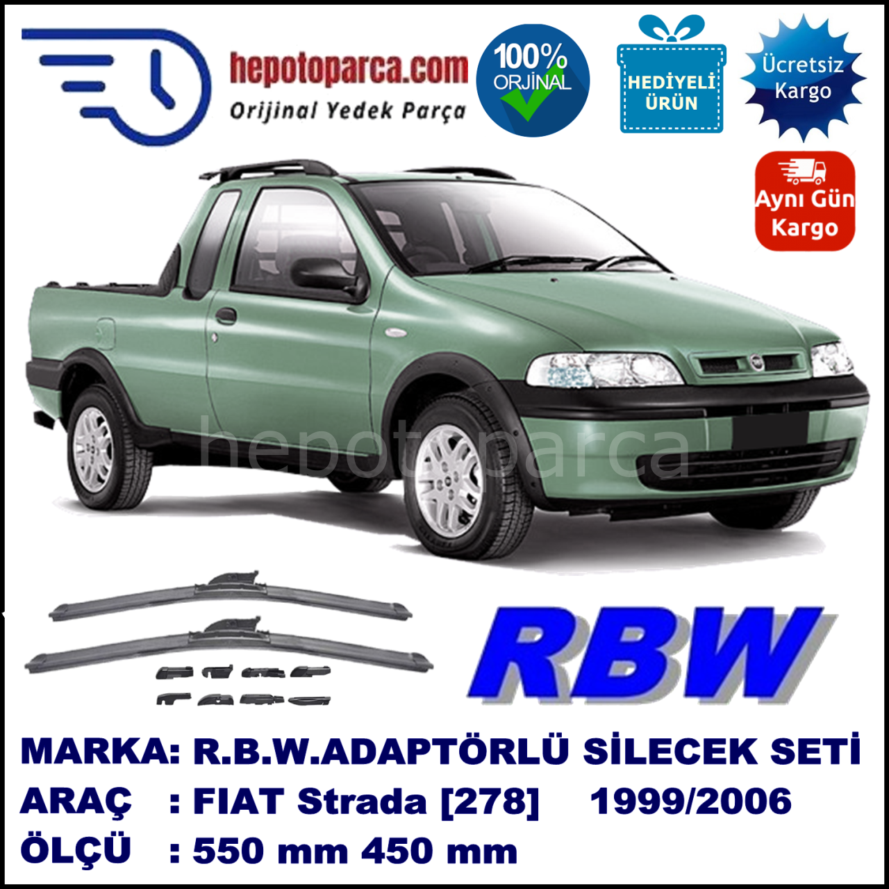 FIAT Strada [278] 03.1999-..., 550 / 450 mm.  RBW  ADAPTÖRLÜ MUZ SİLECEK SETİ