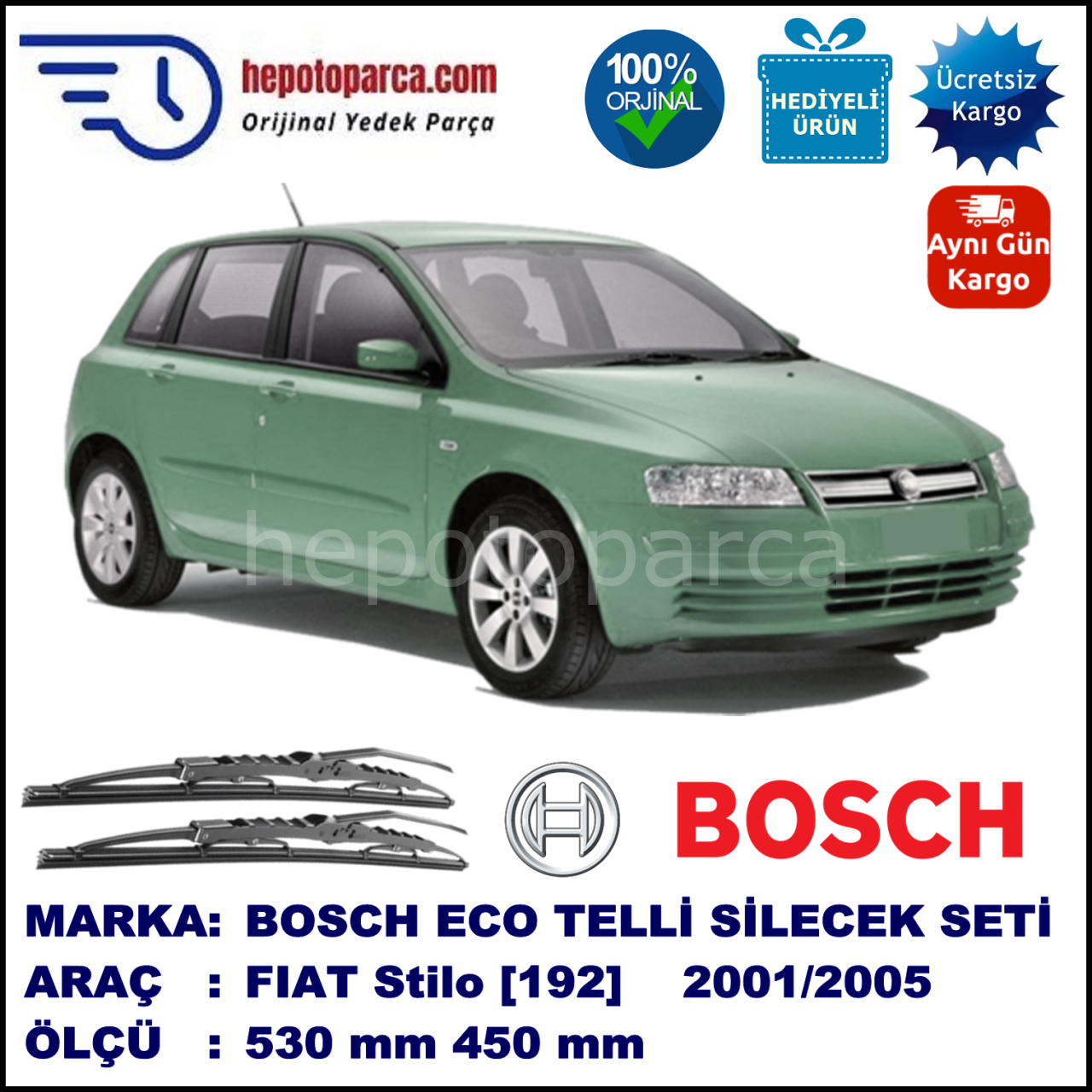 FIAT Stilo [192..] 10.01-06.05 530 / 450 mm. BOSCH ECO Telli Silecek 2'li Takım