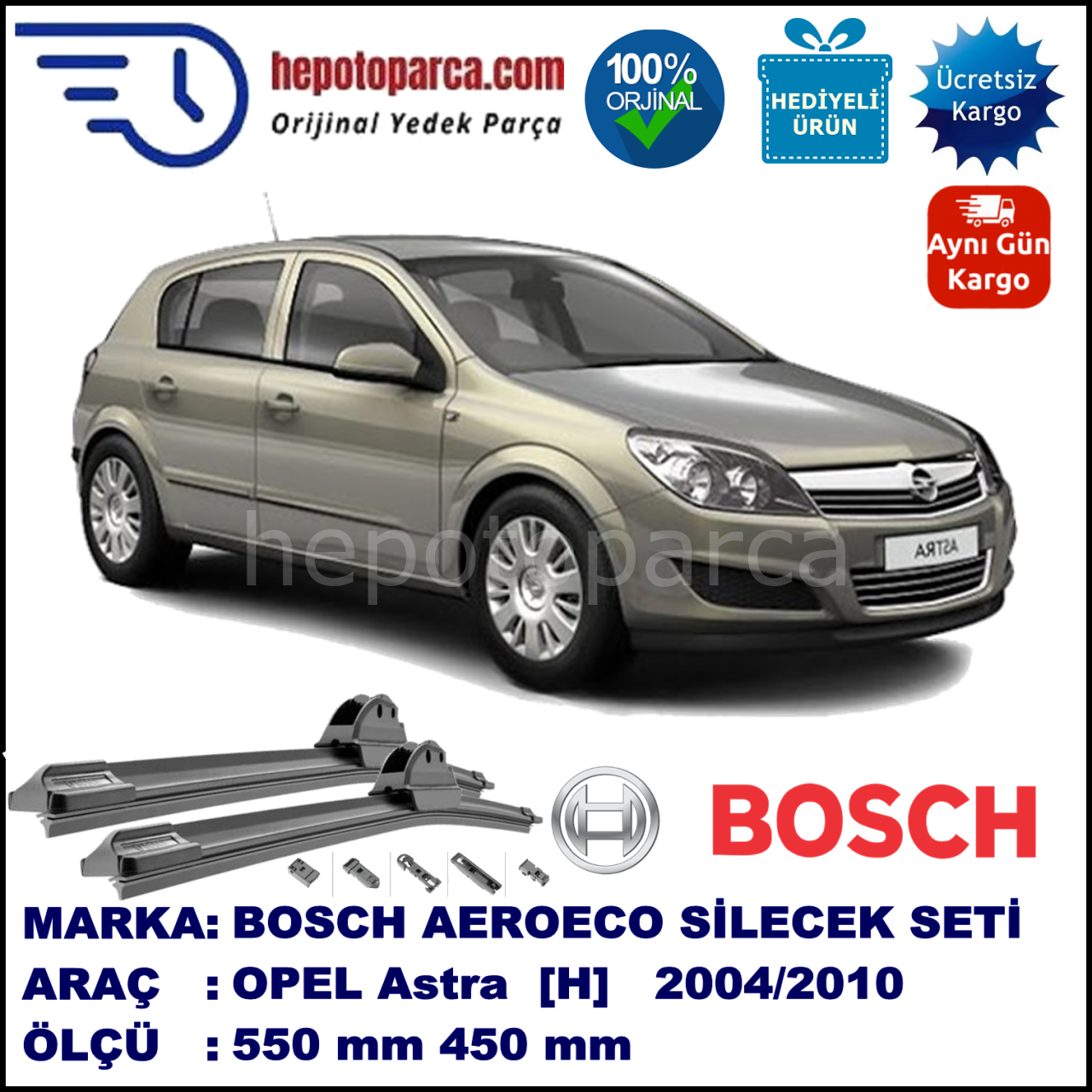 OPEL Astra [H] 03.2004-03.2010, 550 / 450 mm. BOSCH AEROECO Aparatlı Muz Silecek