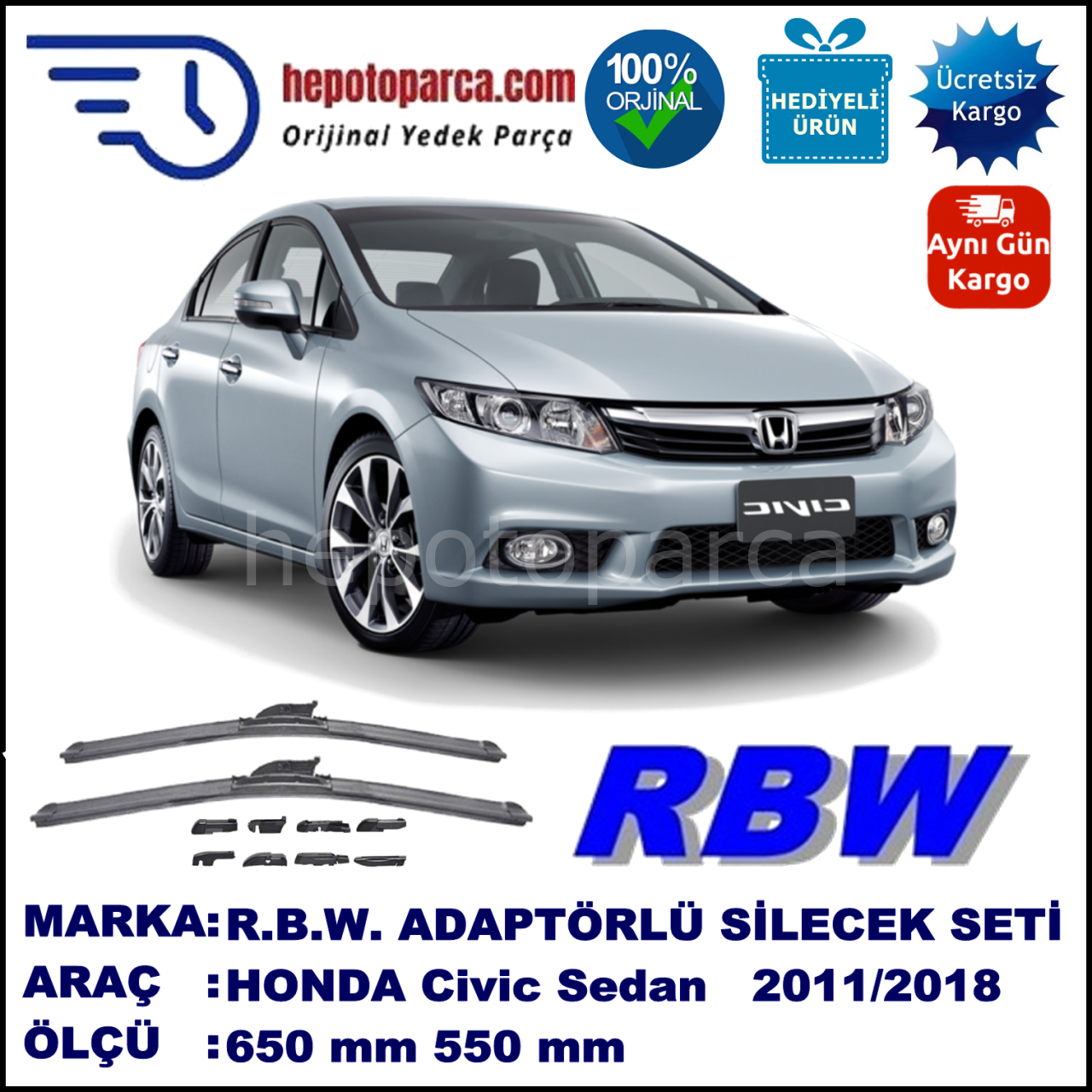 HONDA Civic Sedan [FB] 09.2011-..., 650 / 550 mm.  RBW  ADAPTÖRLÜ MUZ SİLECEK SETİ