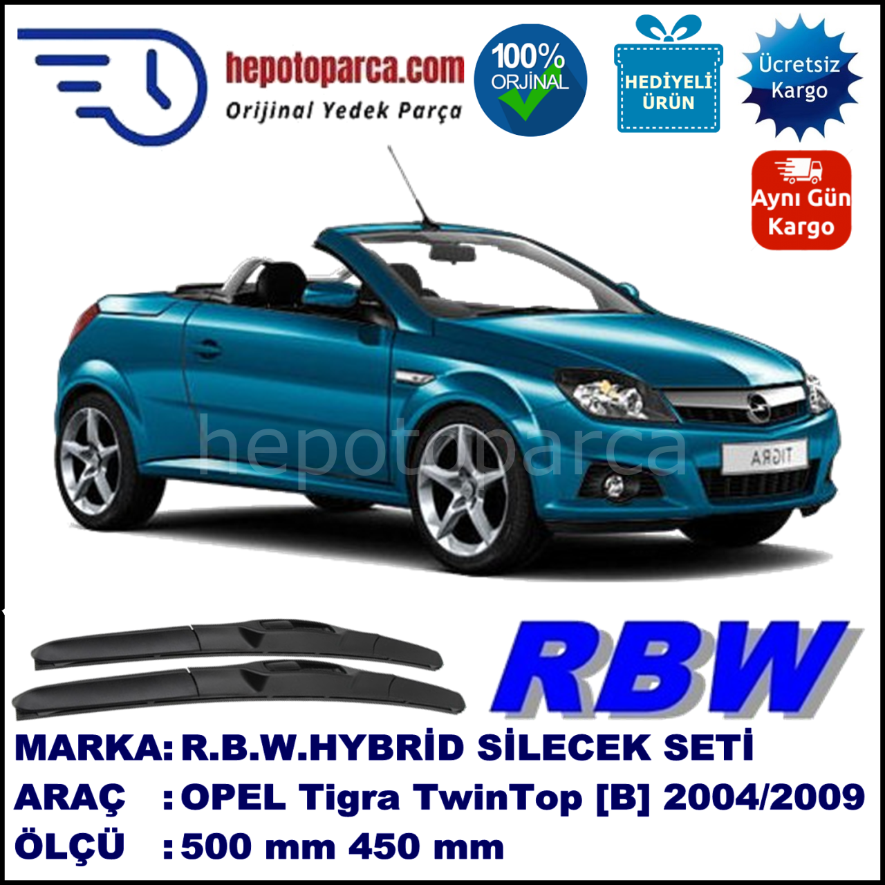 OPEL Tigra TwinTop [B] 06.04-12.09 500 / 450 mm. RBW Hybrid Silecek Seti. U Kanca Uyumlu Hibrit
