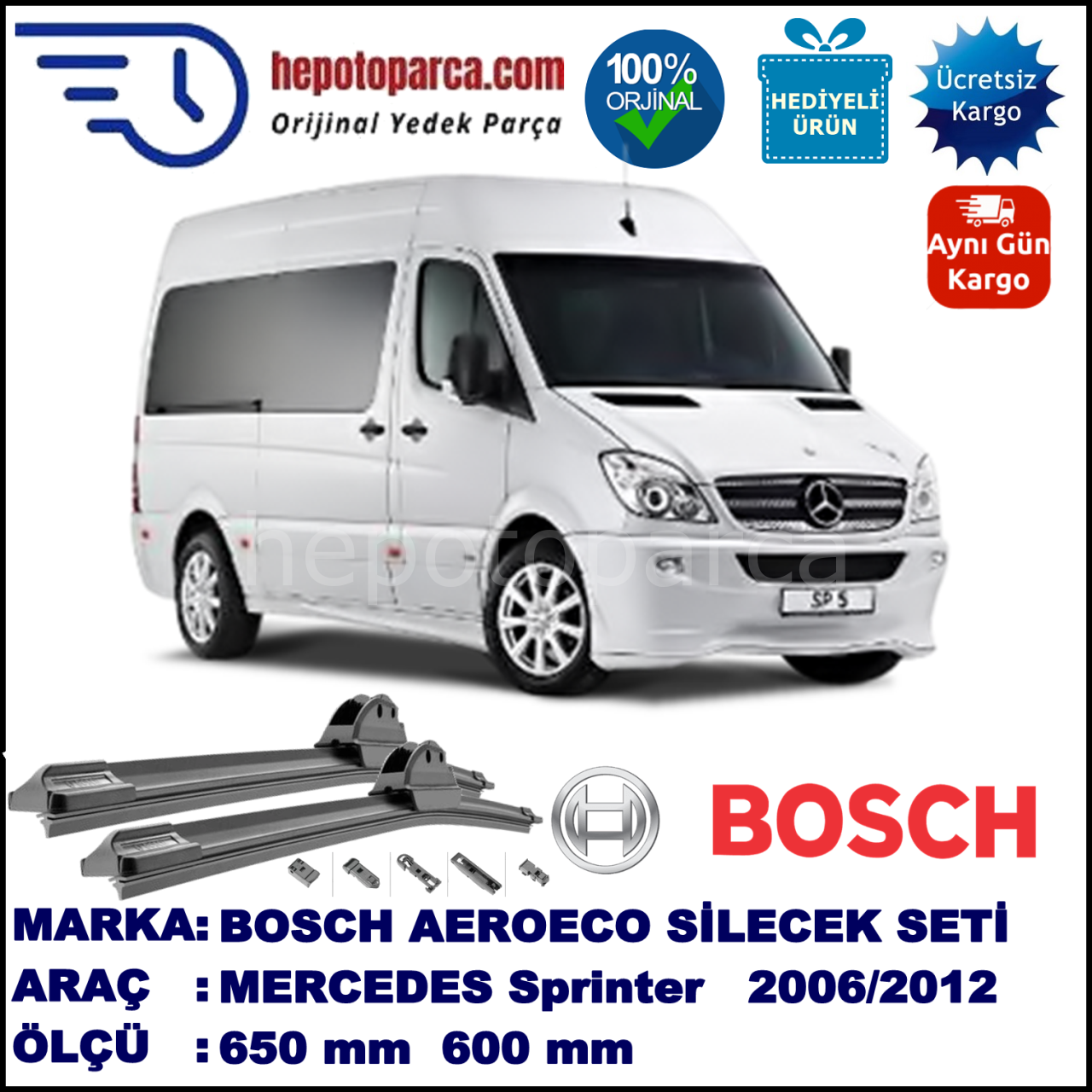 MERCEDES-BENZ Sprinter [NCV3] 04.2006-..., 650 / 600 mm. BOSCH AEROECO Aparatlı Muz Silecek