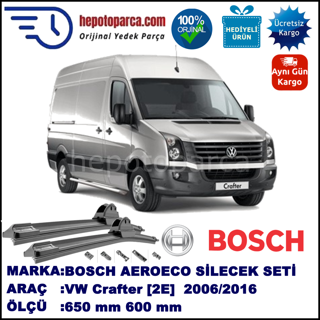 VW Crafter [2E] 04.2006-..., 650 / 600 mm. BOSCH AEROECO Aparatlı Muz Silecek