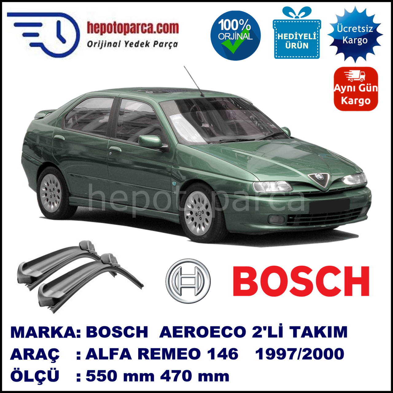 ALFA ROMEO 146 [930] 04.1997-12.2000, 550 / 470 mm. BOSCH AEROECO Aparatlı Muz Silecek