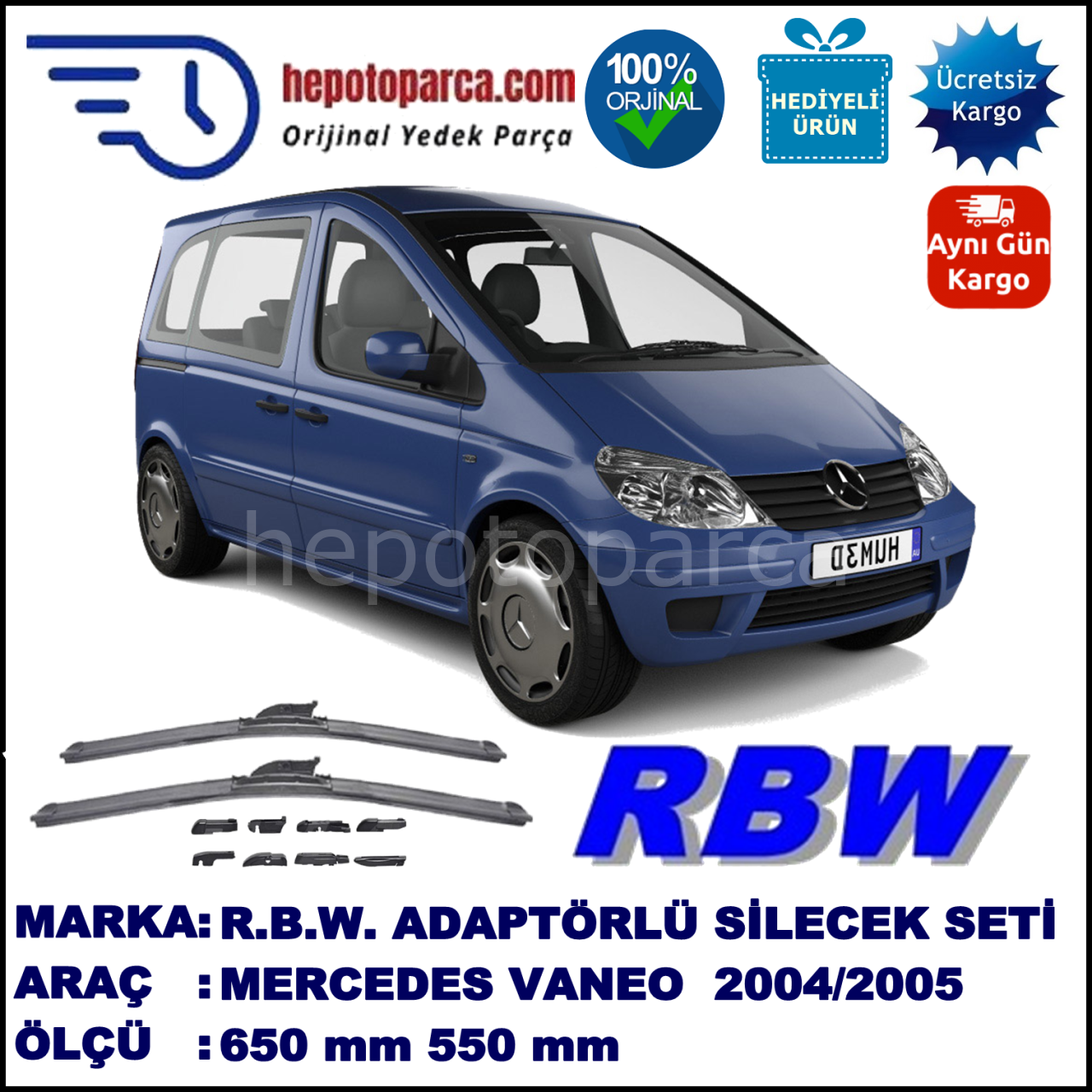 MERCEDES-BENZ Vaneo [414] 02.2004-08.2005, 650 / 550 mm.  RBW  ADAPTÖRLÜ MUZ SİLECEK SETİ