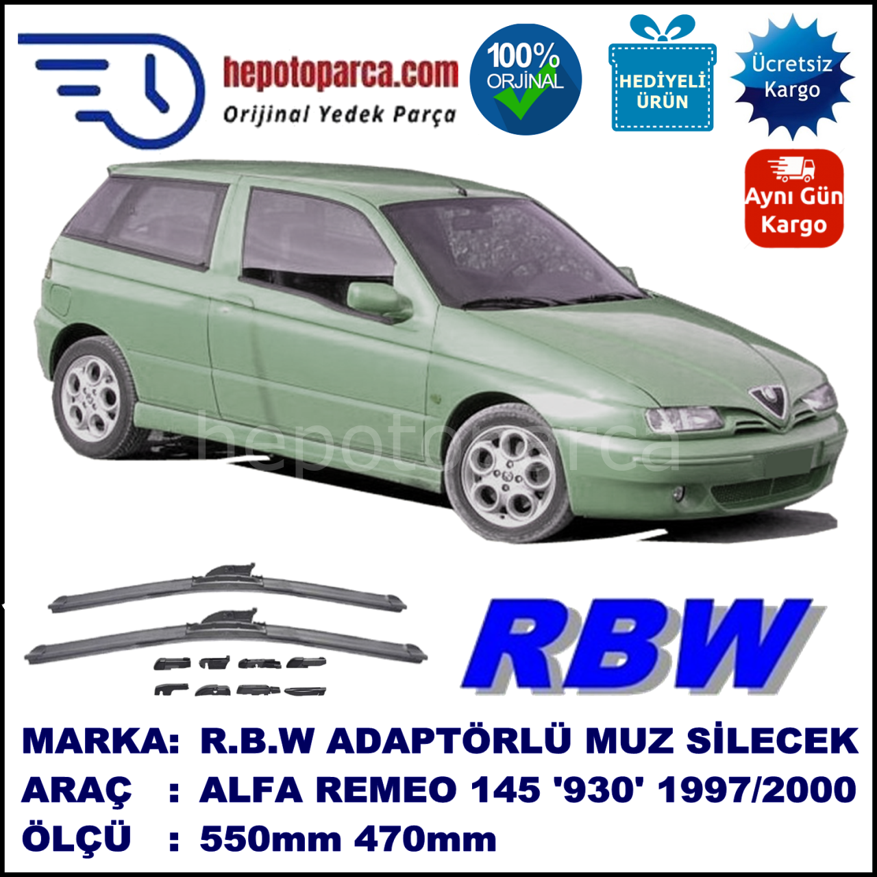 ALFA ROMEO 145 [930] 04.1997-12.2000, 550 / 470 mm.  RBW  ADAPTÖRLÜ MUZ SİLECEK SETİ