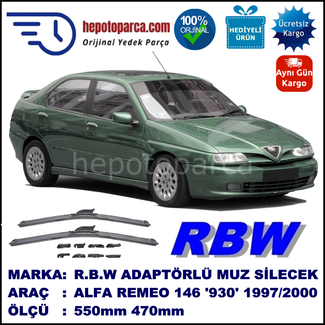 ALFA ROMEO 146 [930] 04.1997-12.2000, 550 / 470 mm.  RBW  ADAPTÖRLÜ MUZ SİLECEK SETİ