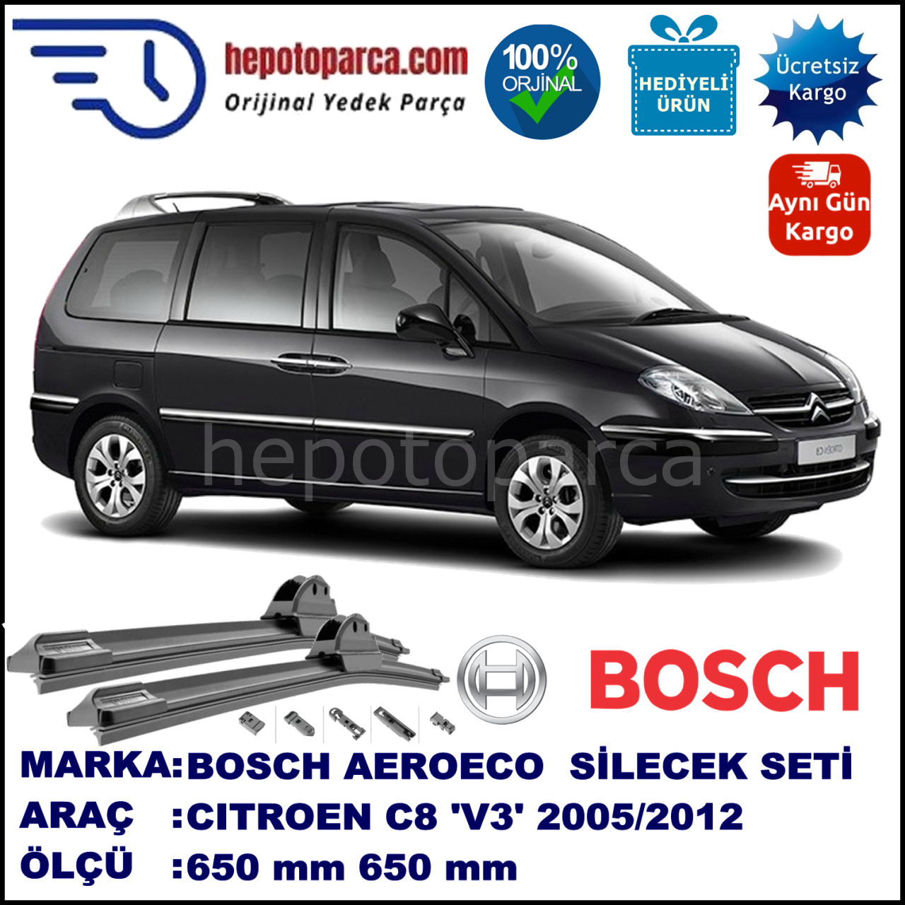 CITROEN C8 [V3] 08.2005-..., 650 / 650 mm. BOSCH AEROECO Aparatlı Muz Silecek