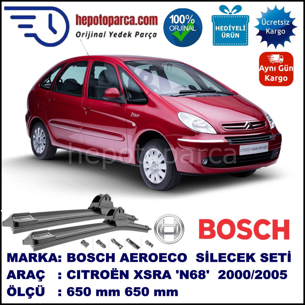 CITROEN Xsara Picasso [N68] 01.2000-09.2005, 650 / 650 mm. BOSCH AEROECO Aparatlı Muz Silecek