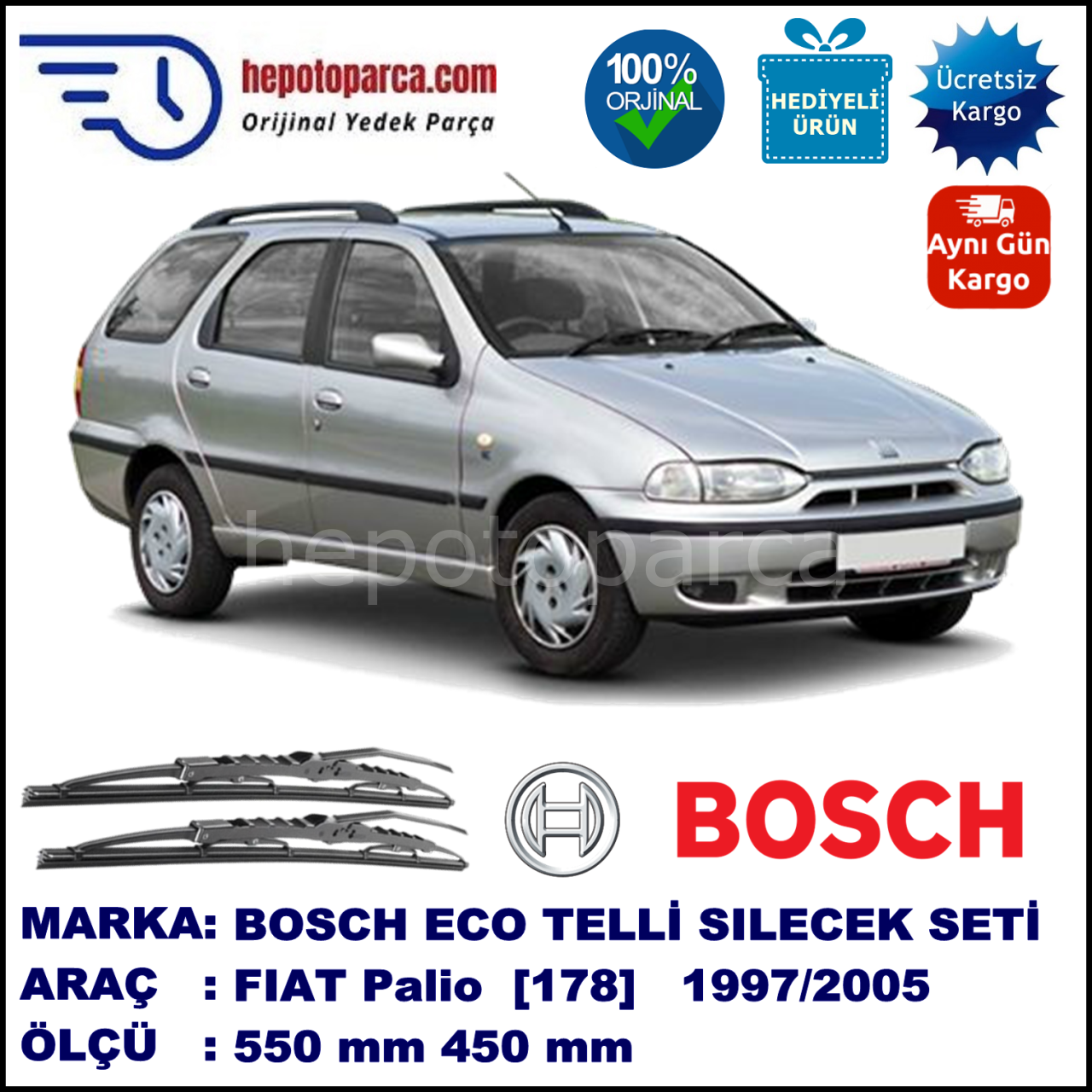 FIAT Palio Weekend [178..] 09.97-... 550 / 450 mm. BOSCH ECO Telli Silecek 2'li Takım