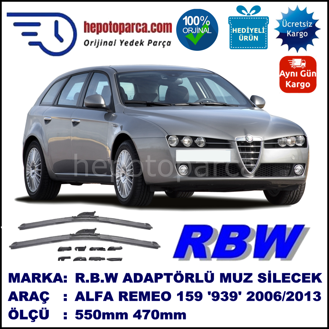 ALFA ROMEO 159 Sport Wagon [939] 03.2006-..., 550 / 470 mm.  RBW  ADAPTÖRLÜ MUZ SİLECEK SETİ