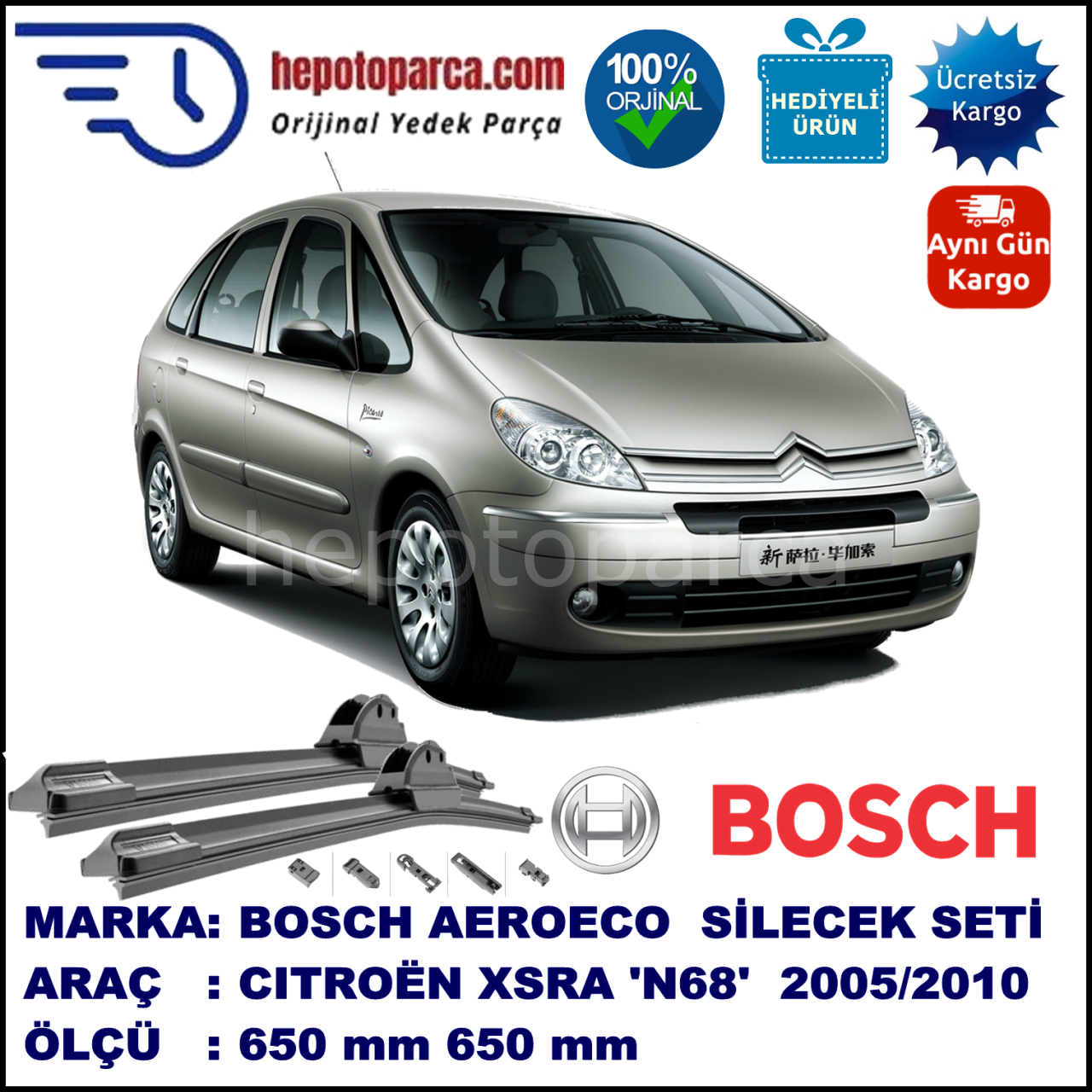 CITROEN Xsara Picasso [N68] 10.2005-04.2010, 650 / 650 mm. BOSCH AEROECO Aparatlı Muz Silecek