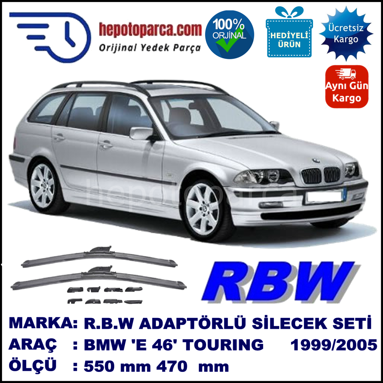 BMW Serie 3 Touring [E 46] 10.1999-09.2005, 550 / 470 mm.  RBW  ADAPTÖRLÜ MUZ SİLECEK SETİ