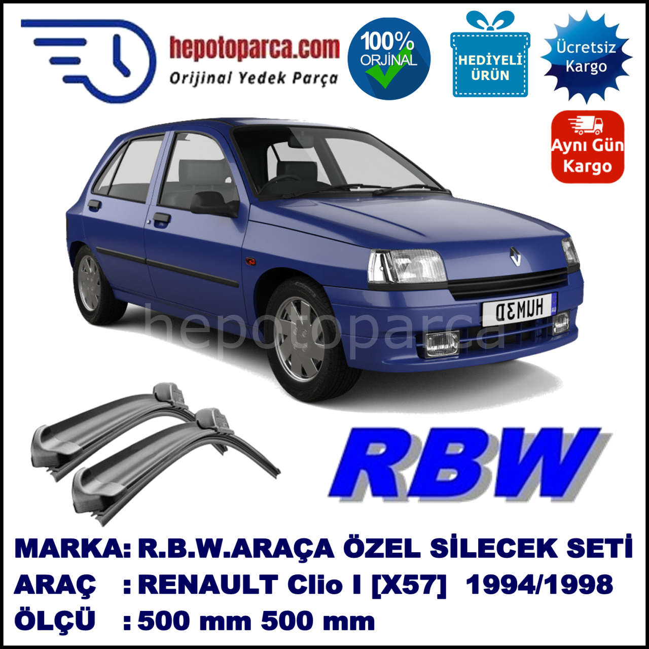 RENAULT Clio I [X57] 03.94-02.98 500 / 500 mm. RBW Muz Silecek Seti  2'li Takım. U Kanca Uyumludur.