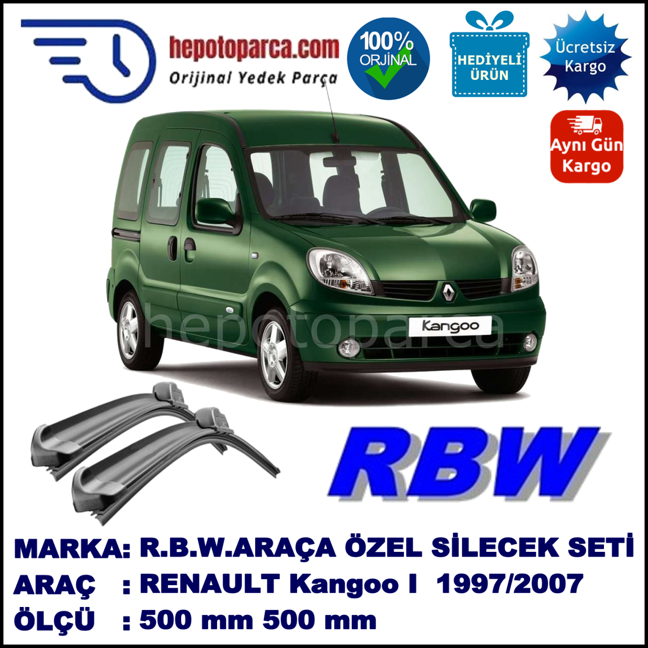 RENAULT Kangoo I [FC./KC.] 10.97-12.07 500 / 500 mm. RBW Muz Silecek Seti  2'li Takım. U Kanca Uyumludur.