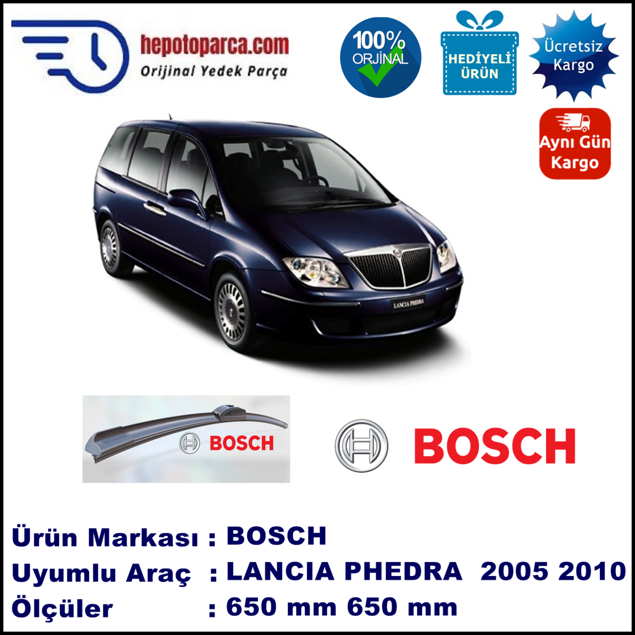 LANCIA Phedra [180] 10.2005-12.2010, 650 / 650 mm. BOSCH AEROECO Aparatlı Muz Silecek