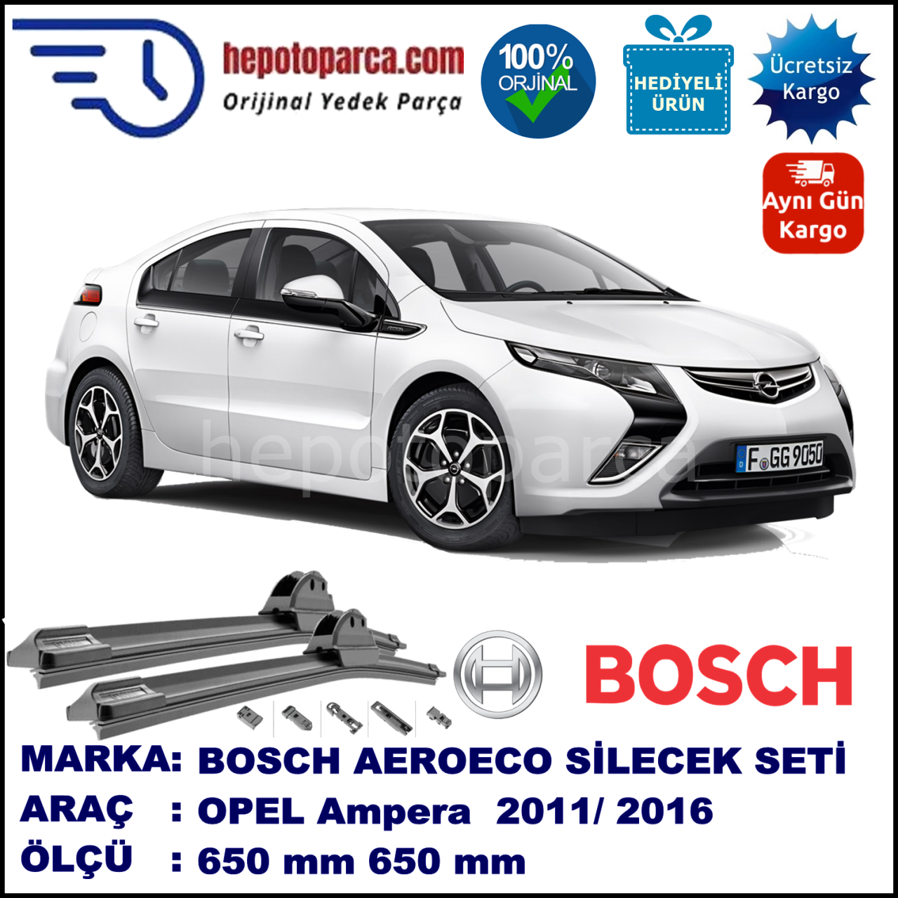 OPEL Ampera  10.2011-..., 650 / 650 mm. BOSCH AEROECO Aparatlı Muz Silecek