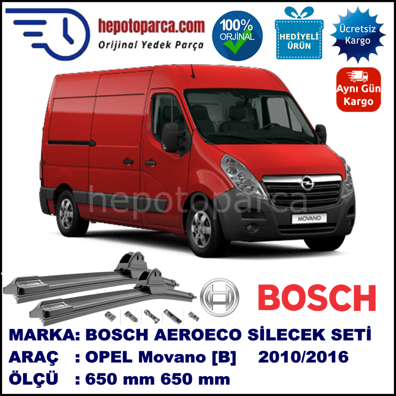 OPEL Movano [B] 04.2010-..., 650 / 650 mm. BOSCH AEROECO Aparatlı Muz Silecek