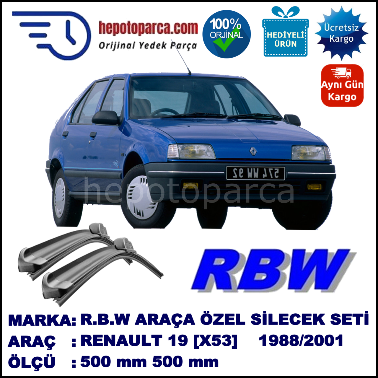 RENAULT 19 [X53] 09.88-12.01 500 / 500 mm. RBW Muz Silecek Seti  2'li Takım. U Kanca Uyumludur.