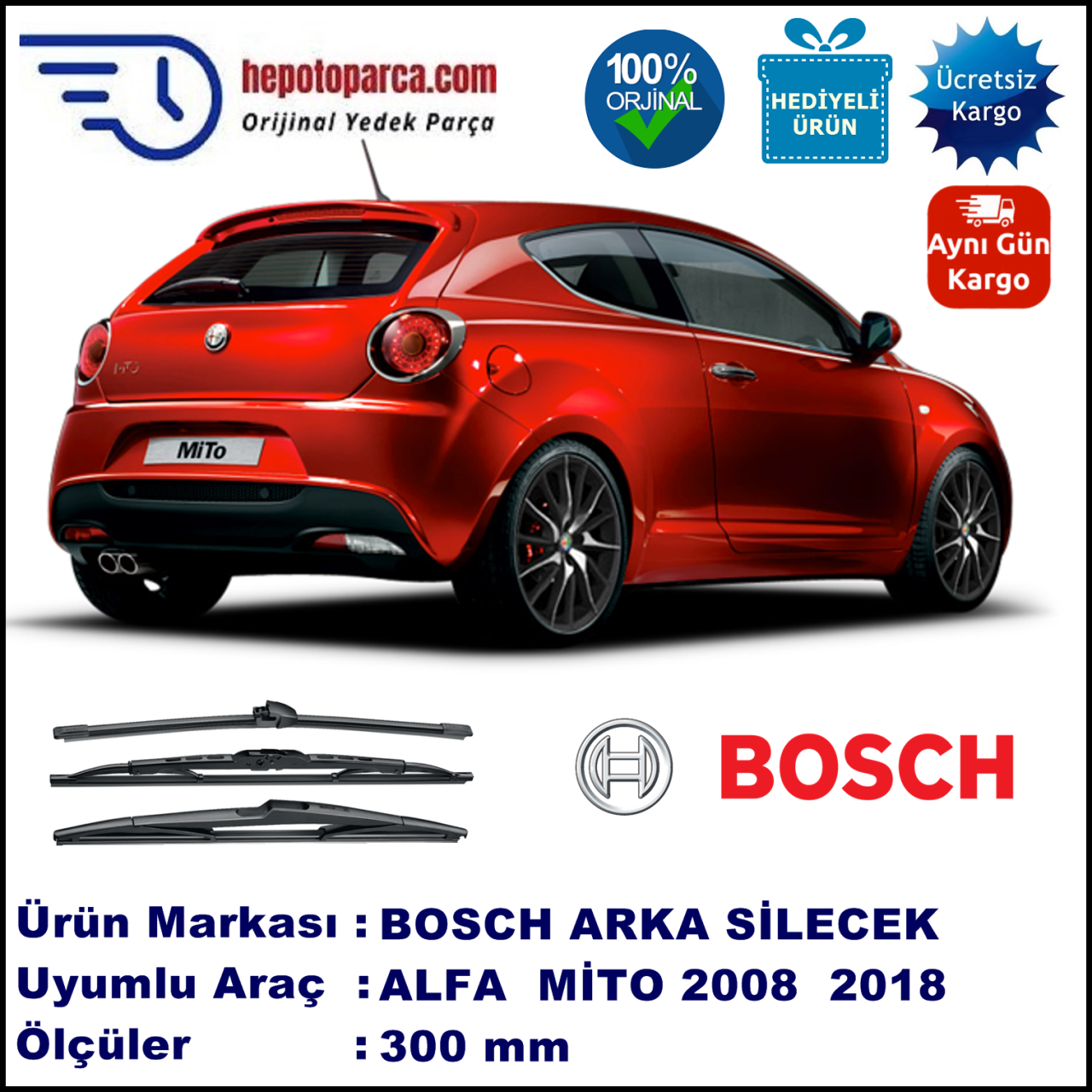 ALFA ROMEO Mito [955] 300 mm 08.2008-... BOSCH Arka Silecek
