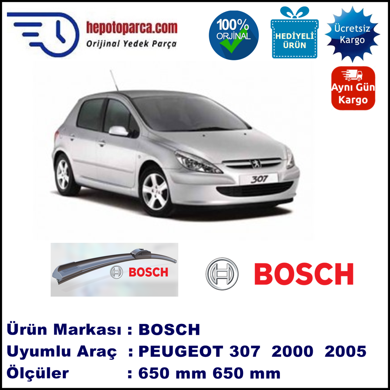 PEUGEOT 307 [T5] 08.2000-05.2005, 650 / 650 mm. BOSCH AEROECO Aparatlı Muz Silecek