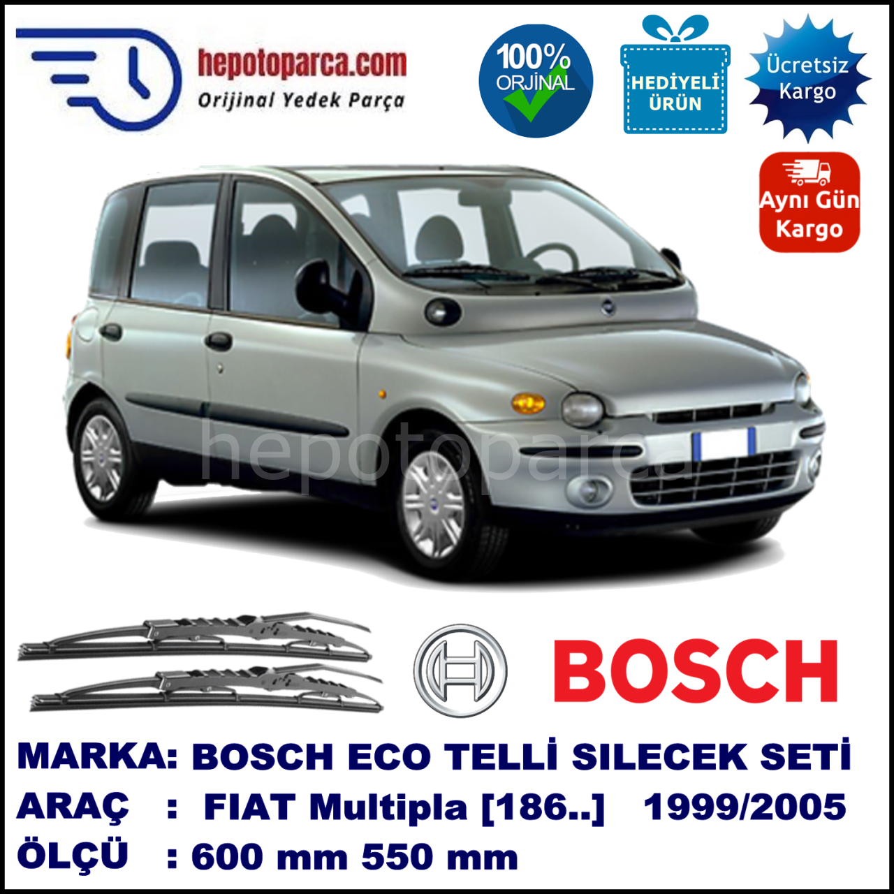 FIAT Multipla [186..] 01.99-12.05 600 / 550 mm. BOSCH ECO Telli Silecek 2'li Takım