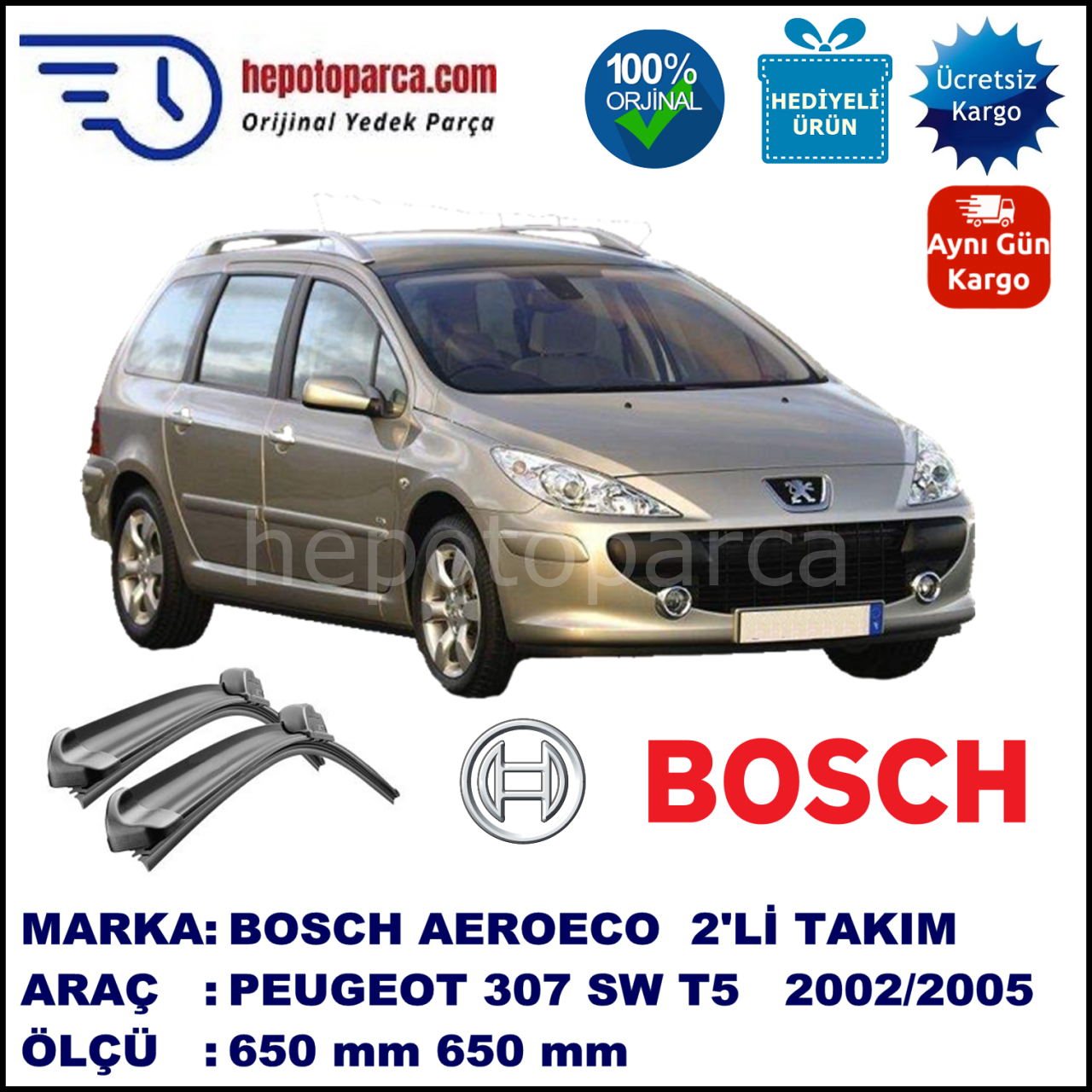 PEUGEOT 307 Break/SW [T5] 03.2002-05.2005, 650 / 650 mm. BOSCH AEROECO Aparatlı Muz Silecek