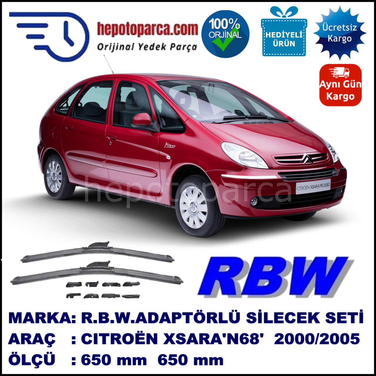 CITROEN Xsara Picasso [N68] 01.2000-09.2005, 650 / 650 mm.  RBW  ADAPTÖRLÜ MUZ SİLECEK SETİ