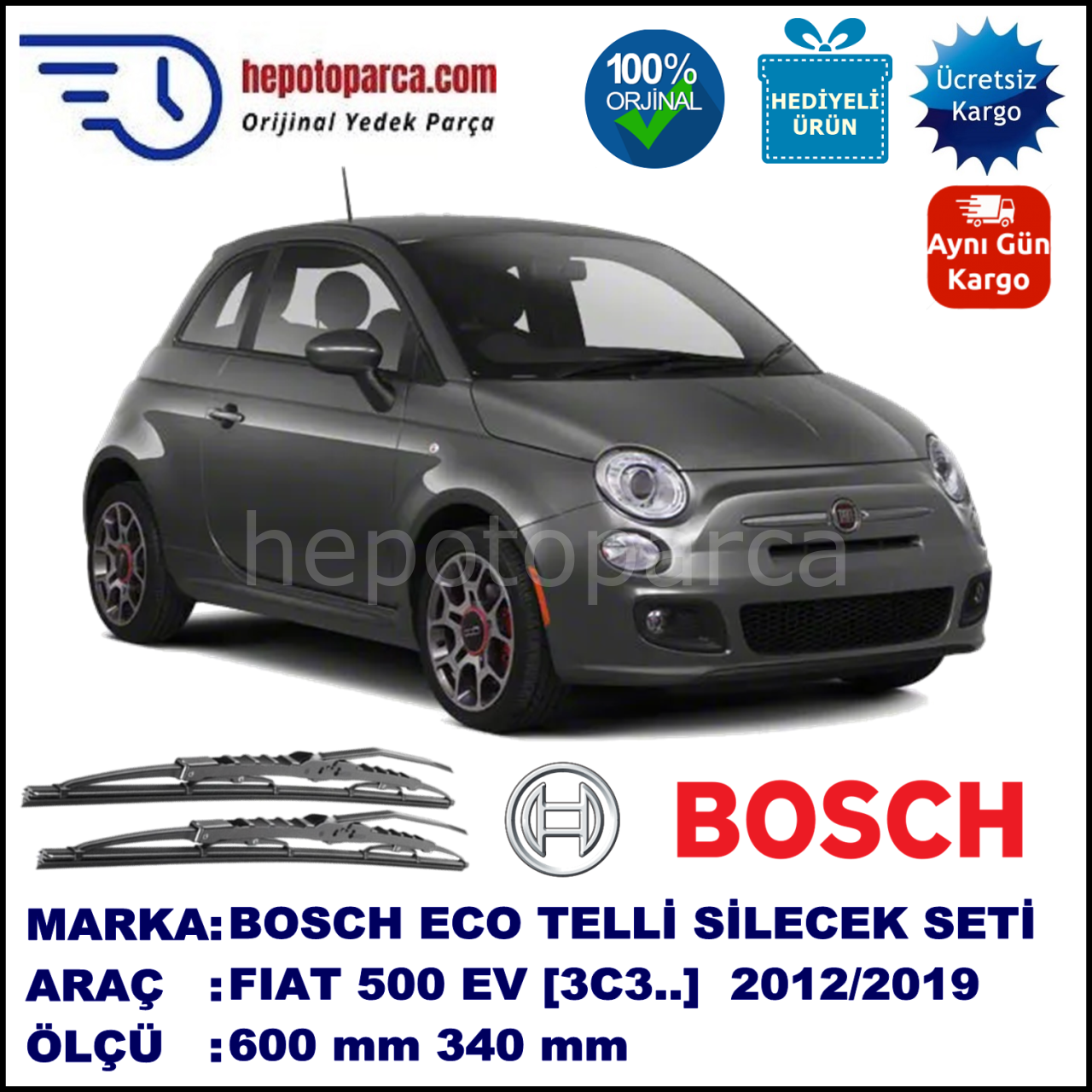 FIAT 500 EV [3C3..] 03.12-... 600 / 340 mm. BOSCH ECO Telli Silecek 2'li Takım