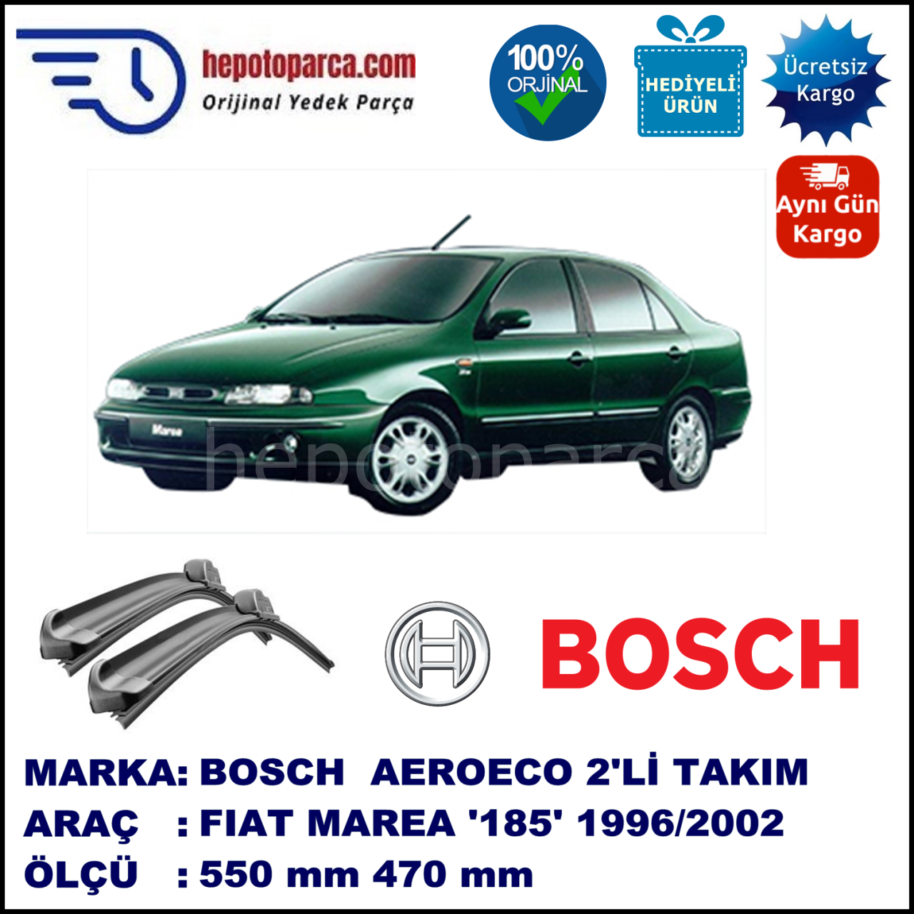 FIAT Marengo [285..] 01.1997-09.2002, 550 / 470 mm. BOSCH AEROECO Aparatlı Muz Silecek