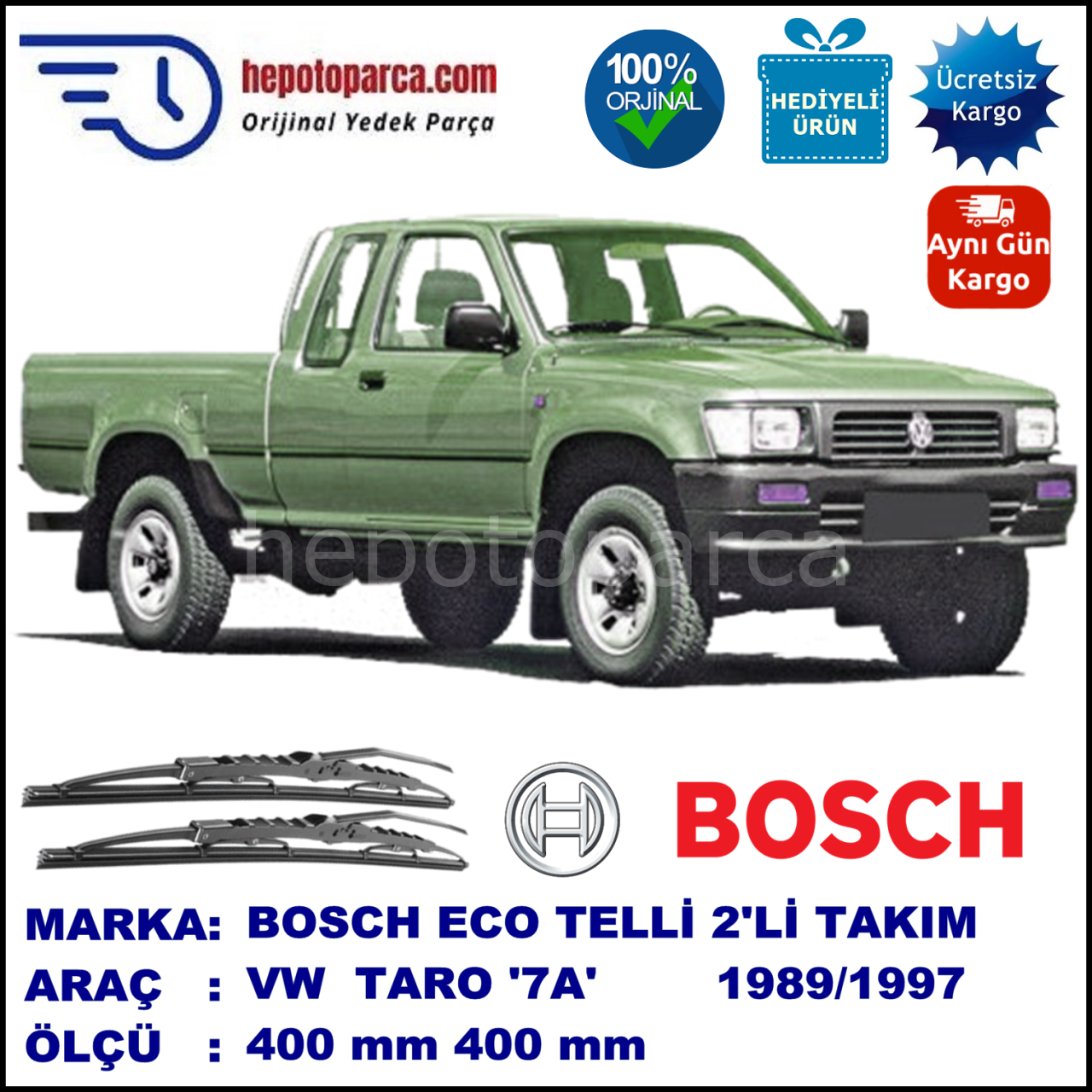 VW Taro [7A] 04.89-03.97 400 / 400 mm. BOSCH ECO Telli Silecek 2'li Takım