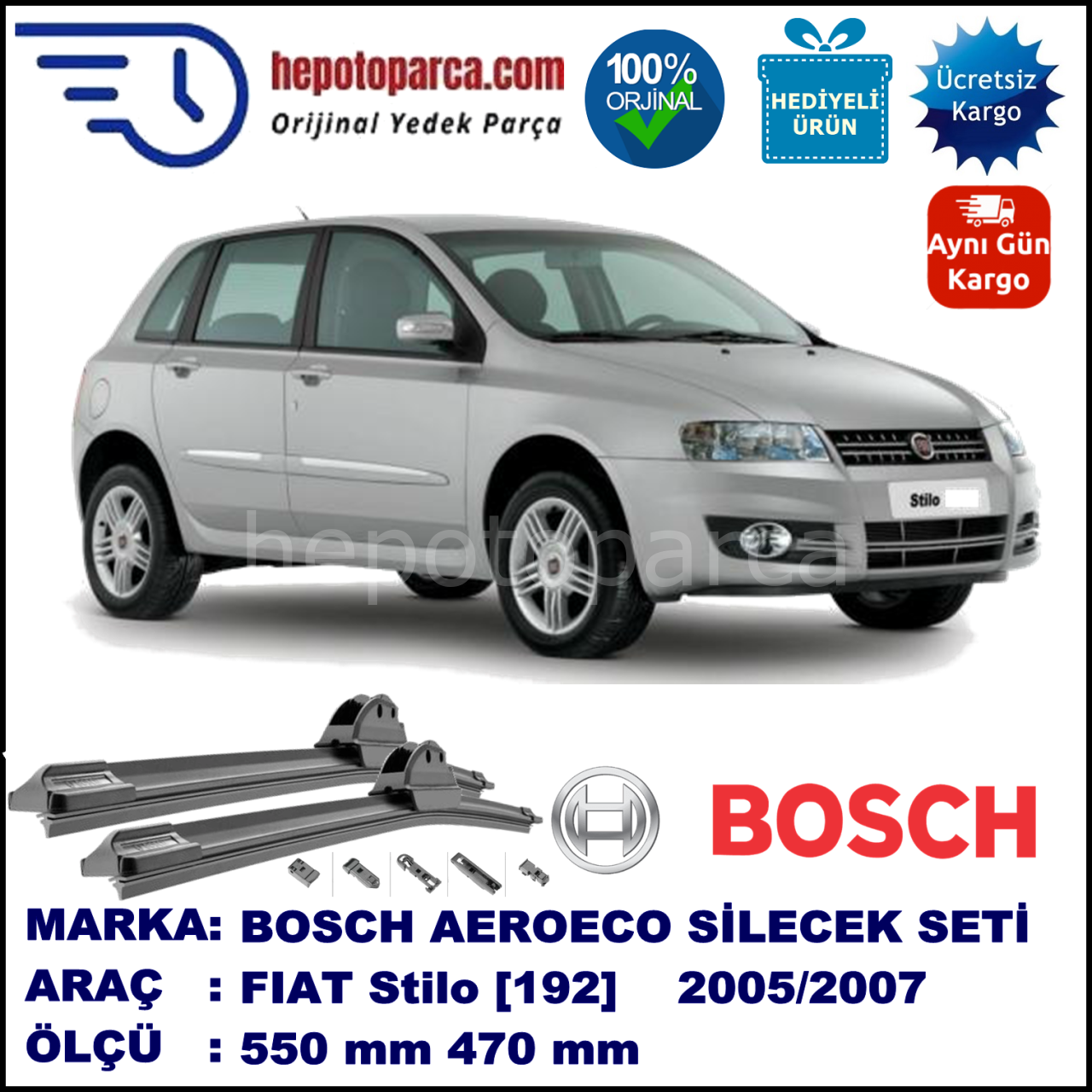 FIAT Stilo [192..] 07.2005-12.2007, 550 / 470 mm. BOSCH AEROECO Aparatlı Muz Silecek