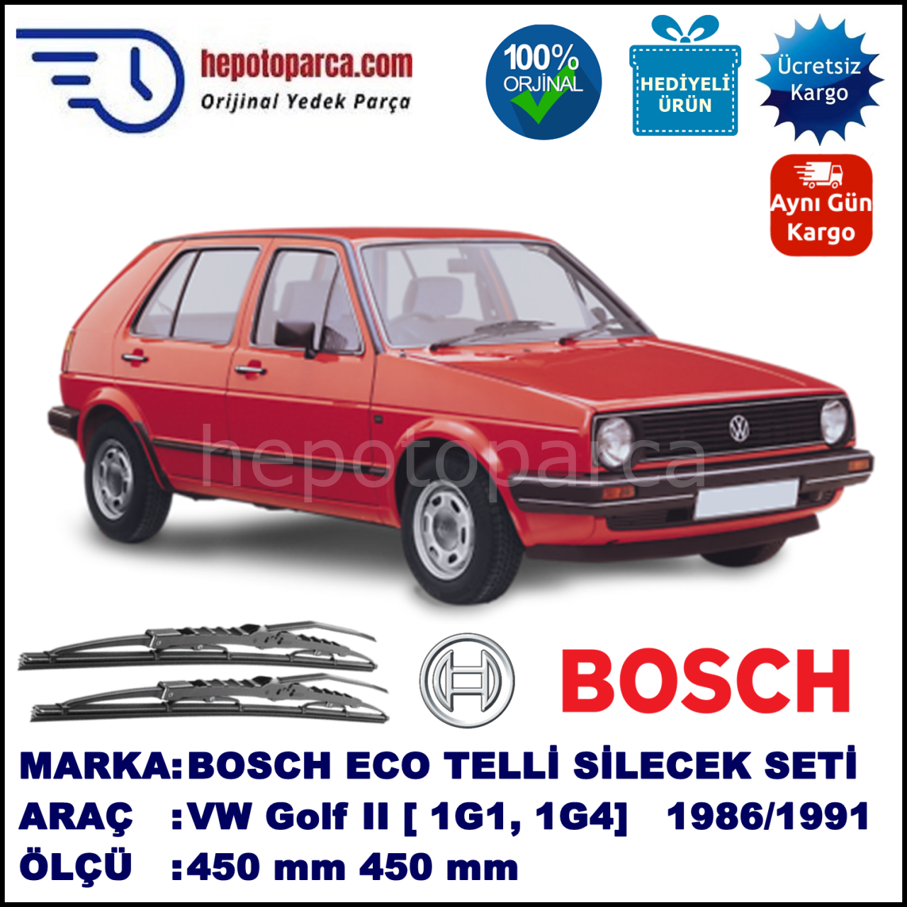 VW Golf II [19, 1G1, 1G4] 02.86-07.91 450 / 450 mm. BOSCH ECO Telli Silecek 2'li Takım