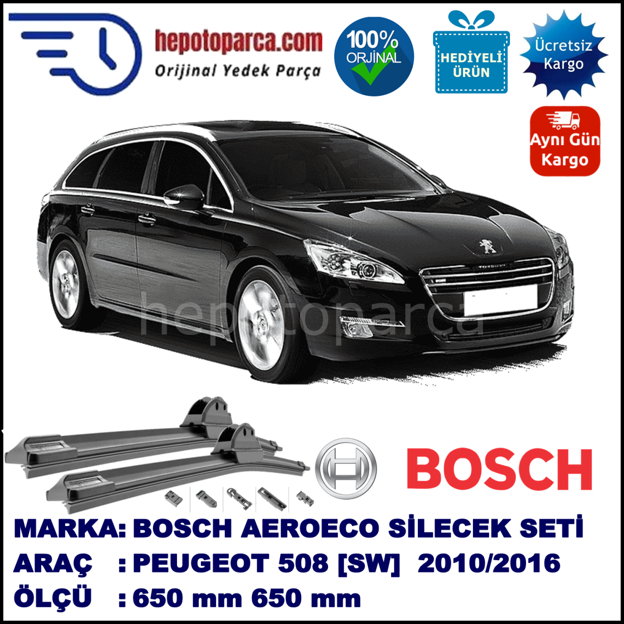 PEUGEOT 508 SW  11.2010-..., 650 / 650 mm. BOSCH AEROECO Aparatlı Muz Silecek