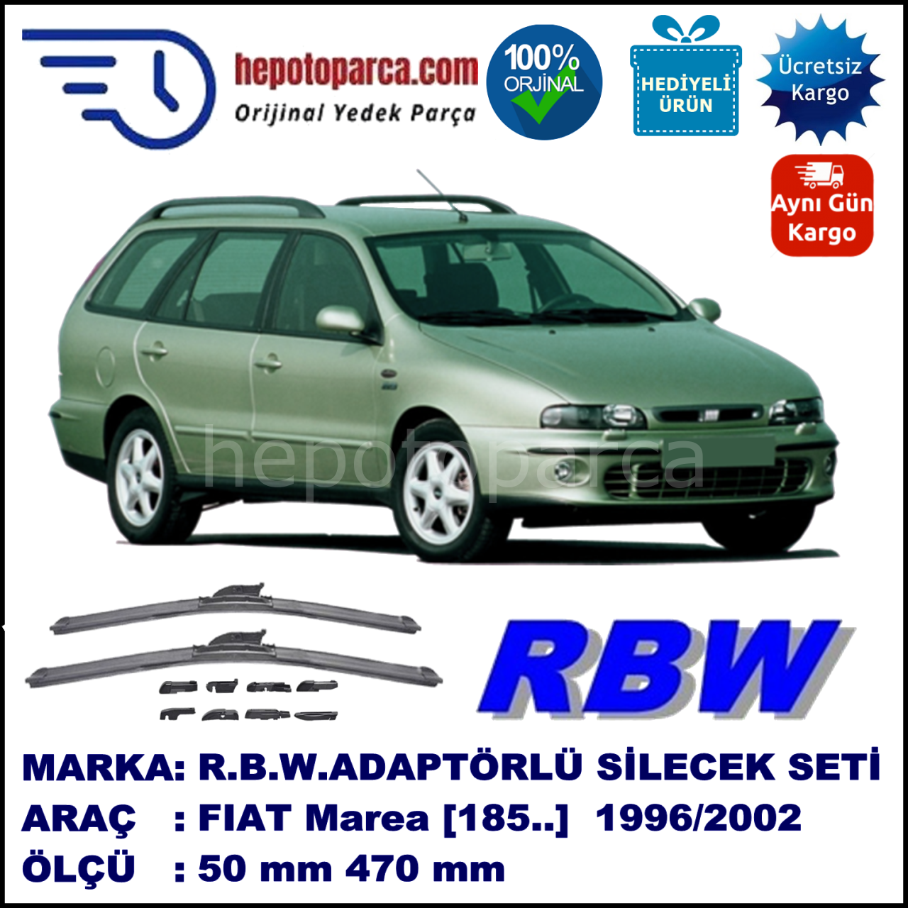 FIAT Marea [185..] 10.1996-09.2002, 550 / 470 mm.  RBW  ADAPTÖRLÜ MUZ SİLECEK SETİ