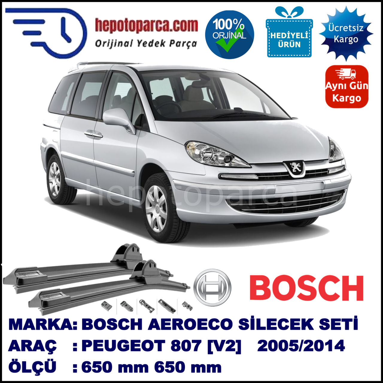 PEUGEOT 807 [V2] 08.2005-..., 650 / 650 mm. BOSCH AEROECO Aparatlı Muz Silecek