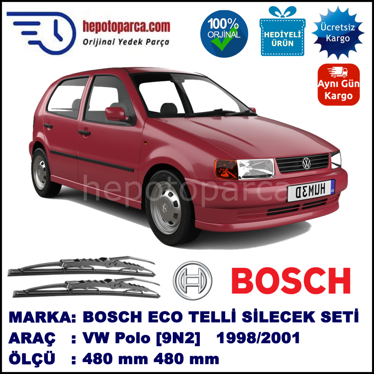 VW Polo [6N2] 07.98-09.01 480 / 480 mm. BOSCH ECO Telli Silecek 2'li Takım