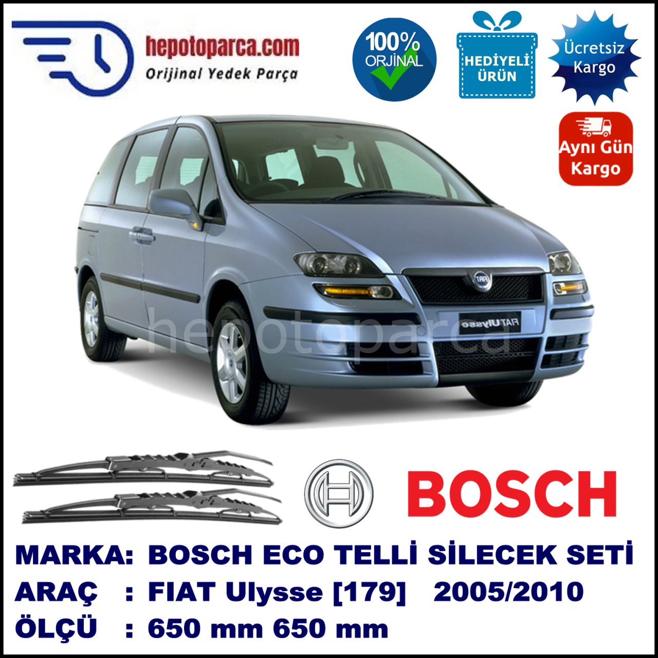 FIAT Ulysse [179..] 11.05-12.10 650 / 650 mm. BOSCH ECO Telli Silecek 2'li Takım