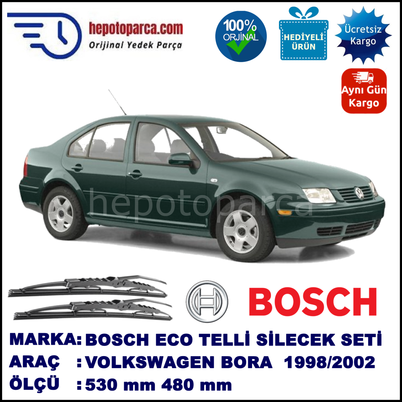 VW Bora [1J2] 09.98-05.02 530 / 480 mm. BOSCH ECO Telli Silecek 2'li Takım
