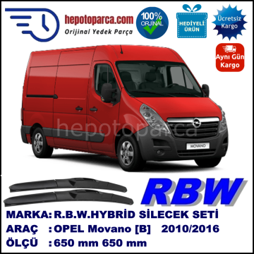 OPEL Movano [B] 04.10-... 650 / 650 mm. RBW Hybrid Silecek Seti. U Kanca Uyumlu Hibrit