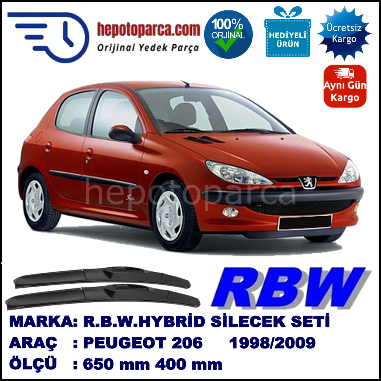 PEUGEOT 206 [T1] 06.98-02.09 650 / 400 mm. RBW Hybrid Silecek Seti. U Kanca Uyumlu Hibrit