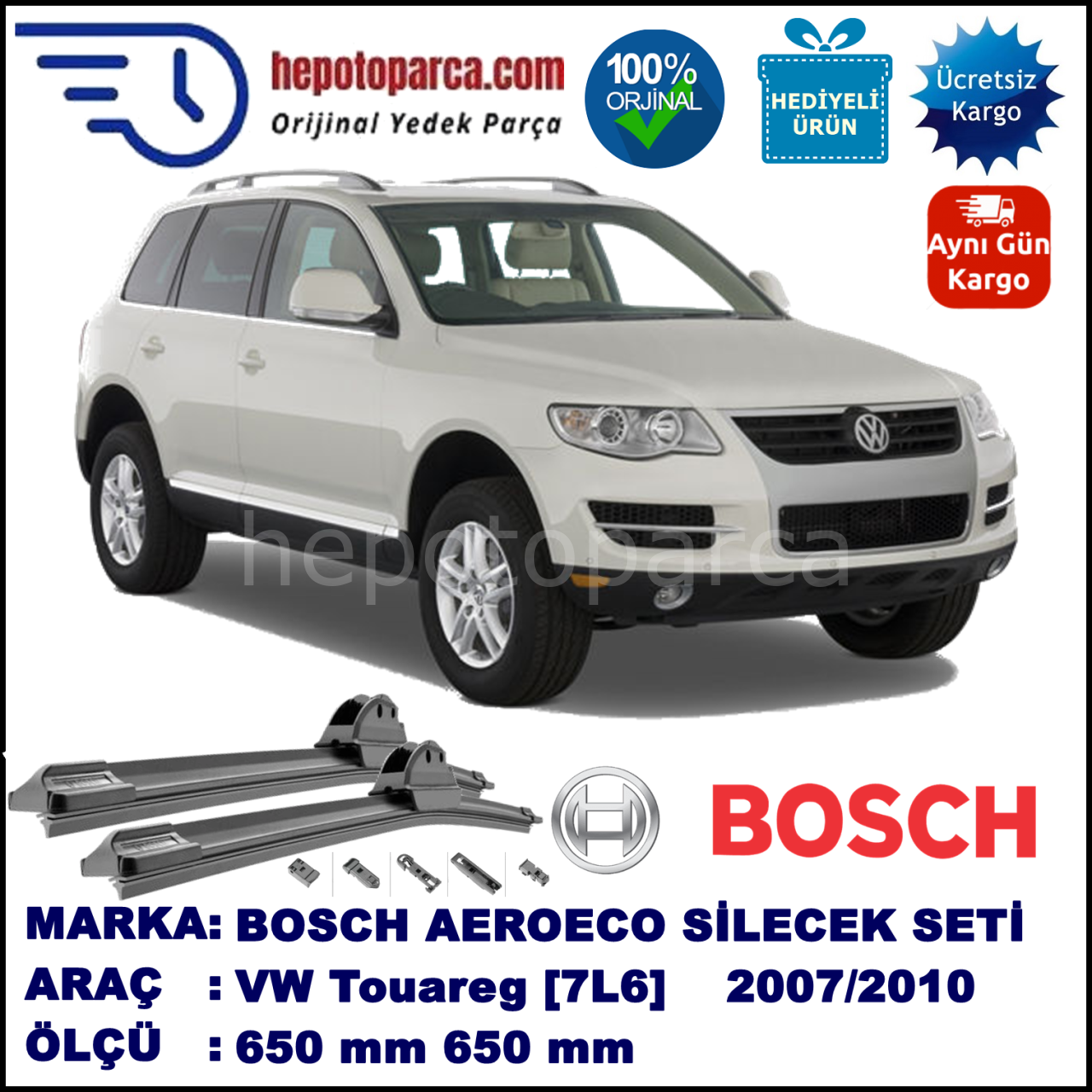 VW Touareg [7L6] 06.2007-05.2010, 650 / 650 mm. BOSCH AEROECO Aparatlı Muz Silecek